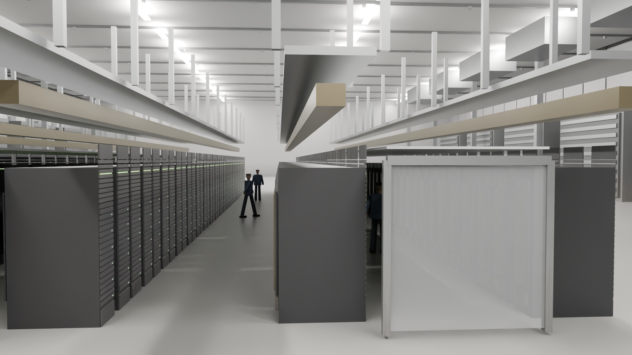 Cold aisle between contained rack rows
